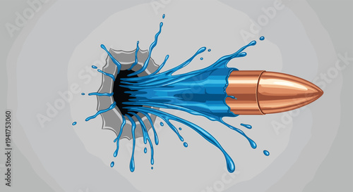 High speed impact of a copper bullet creates a dramatic splash of blue liquid as it passes through a surface in this action scene.