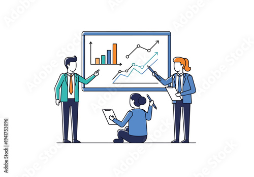 Business professionals analyze a presentation board depicting financial data and growth trends collaborating on strategies and achievements in a