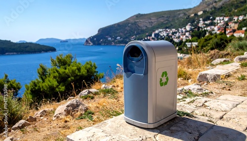 Recycle bin stands on an elevated platform with a coastal view backdrop