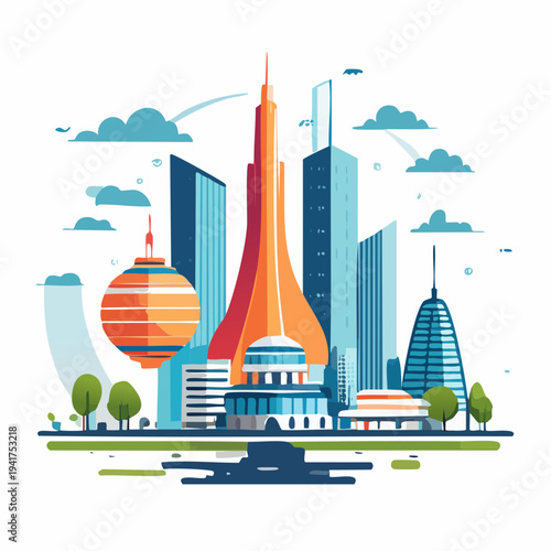 Vibrant Modern Cityscape Illustration with Diverse Architectural Structures and Green Elements