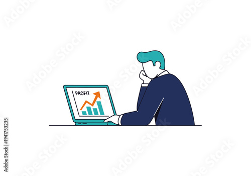 Businessman viewing financial success metrics on a laptop computer screen business profits showing positive growth with increasing upward trajectory