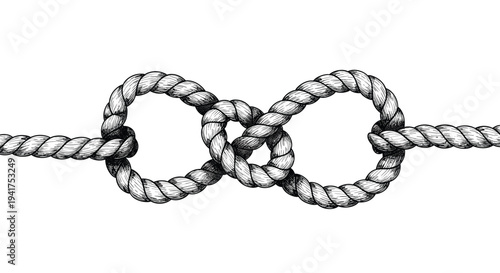 Traditional figure eight knot tied in a thick nautical rope shown in a detailed black and white technical sketch style.