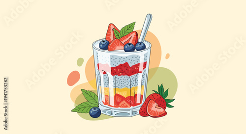 Delicious berry chia pudding parfait with strawberry layers topped with blueberries and fresh mint leaves in a glass.