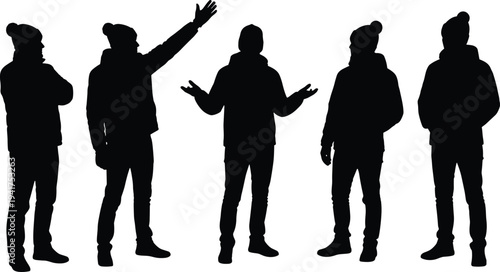 Black silhouettes set of young men wearing winter jackets and beanies standing in various poses and gesturing isolated on white background for seasonal fashion
