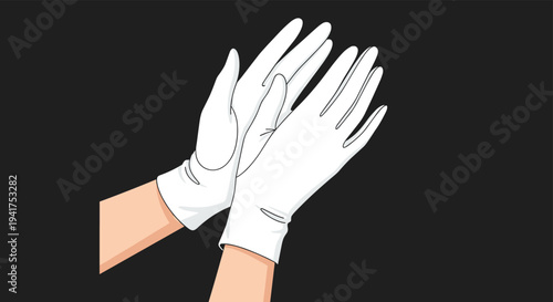 Pair of hands wearing formal white dress gloves shown against a solid dark background for elegant or magic themes.