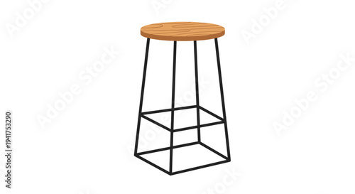 Minimalist bar stool with a round wooden seat and a black geometric metal frame designed for modern kitchen interiors.