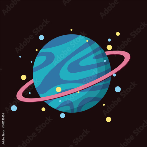 Orbiting teal planet with pink ring in space illustration, view showing swirl depth, stars and wonder