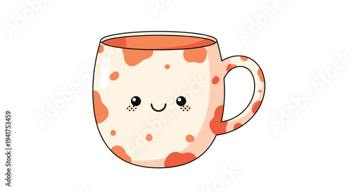 Cute ceramic coffee mug with orange spots and a tiny happy smiling face perfect for a fun kitchenware design.