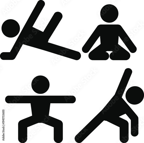 Illustrations of various yoga and stretching poses in simple icon form