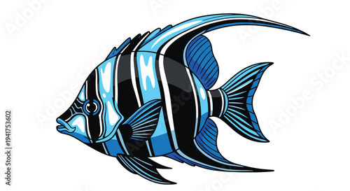 Tropical angelfish illustration with vibrant blue and black stripes and long flowing fins on a white background.