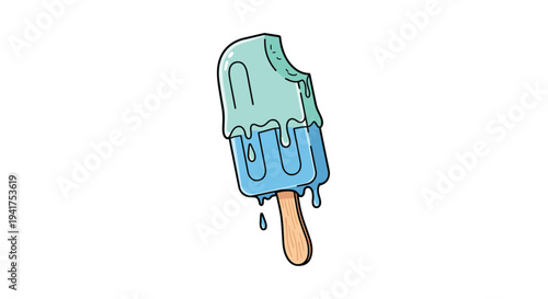 Melting blue and mint green fruit popsicle on a wooden stick with a bite taken out against a white background.