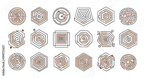 Collection of different geometric maze and labyrinth patterns in hexagonal circular and square shapes with paths.