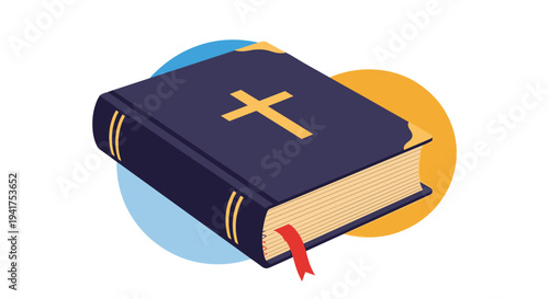 Holy bible book with a dark cover featuring a gold cross and a red silk bookmark shown on an abstract background.