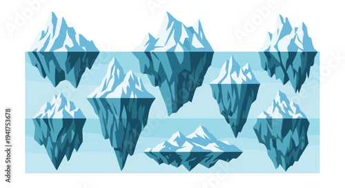 Set of several icebergs floating in the arctic ocean showing both the visible tip and the large underwater section.