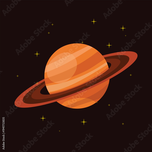 Cartoon illustration of Saturn planet with orange rings against starry black space background, centered view