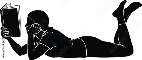 Reading person silhouette illustration vector lifestyle leisure study design graphics, relaxed posture concept, black and white creative art collection