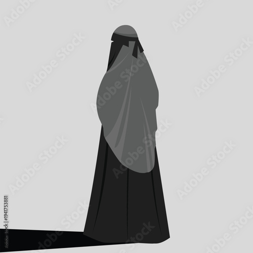 Woman in Burka Standing in Monochrome Space, Front View Emphasizing Modesty, Simplicity and Serenity