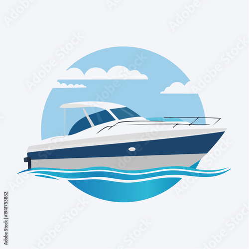 Sleek Motor Yacht Cruising on Water with Clouds in the Sky Illustration