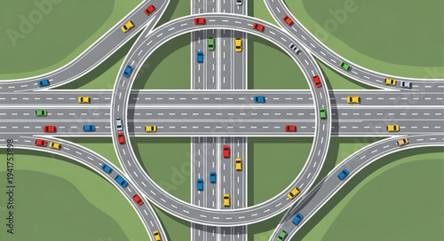 Aerial View of a Roundabout Intersection with Cars.