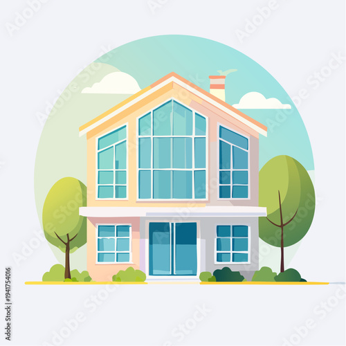 Modern Architectural House with Large Glass Windows and Trees