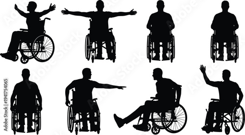 Wheelchair people silhouette illustration vector inclusivity mobility lifestyle design graphics, diverse pose concept, black and white creative art collection