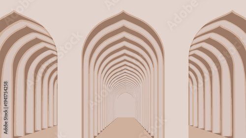 A serene and symmetrical corridor with multiple arches leading to a distant vanishing point in a peaceful architectural setting.