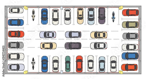 Overhead View of a Parking Lot with Cars and Bicycles.