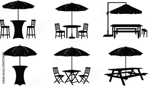 Outdoor patio furniture silhouette illustration vector garden seating umbrella design graphics, variation concept, black and white creative art collection