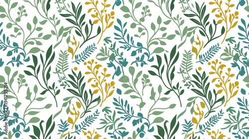 Delicate botanical floral pattern with blue, yellow and green leaves for textiles and wallpaper.