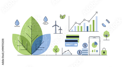 Sustainable Finance and ESG Investment Concept Illustration. Green Technology, Eco-friendly Banking, Digital Data Tracking, and Ecological Growth.
