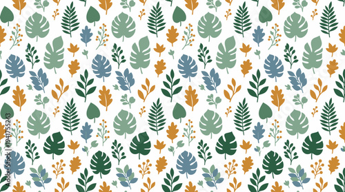 Colorful botanical leaf pattern with assorted foliage on white background.