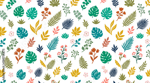 Colorful botanical leaf pattern with assorted autumnal colors and repeating motifs.