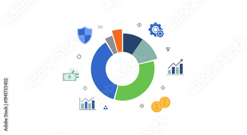 Investment Portfolio Allocation and Financial Planning Concept. Flat Donut Chart Illustration with Money, Growth, and Security Icons.
