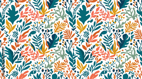 Abstract leafy botanical pattern with colorful branches and foliage motifs.