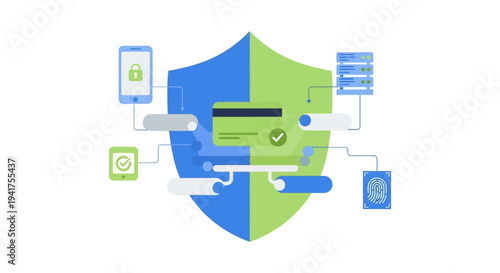 Cybersecurity Shield for Secure Online Payment and Data Protection. Fintech Safety, Mobile Banking, and Biometric Authentication Concept Vector.