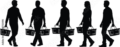 People carrying shopping baskets silhouettes walking with groceries retail shopping concept isolated vector illustration