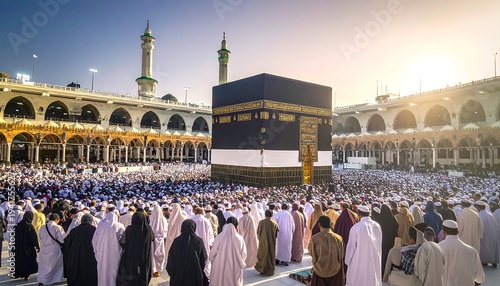 Pilgrims gather at the Kaaba, a central cube-shaped structure, under a bright sky during a religious observance