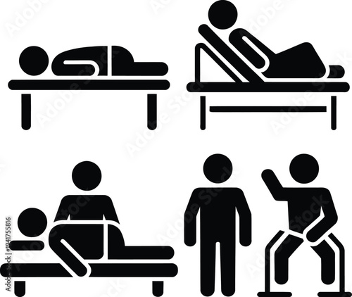 Illustrations of various physical therapy and massage techniques on a treatment table