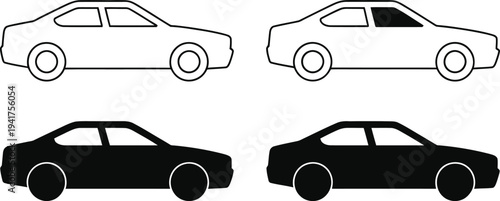 Comparison of sedan car silhouettes in different outline styles and orientations