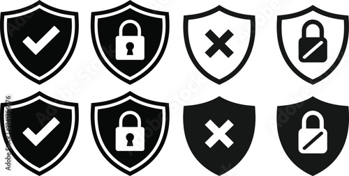 Security status icons displayed in a shield formation with checkmarks and locks
