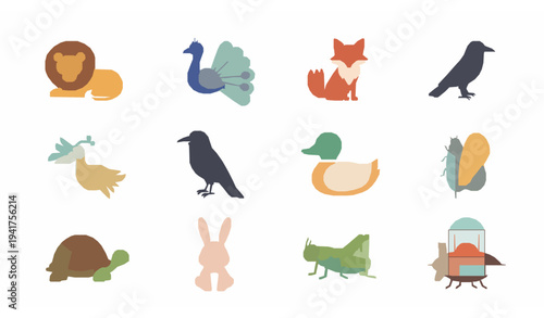 Wildlife Cartoon Icon Pack Lion Peacock Fox Rabbit Duck Crow Tortoise Grasshopper Vector Set