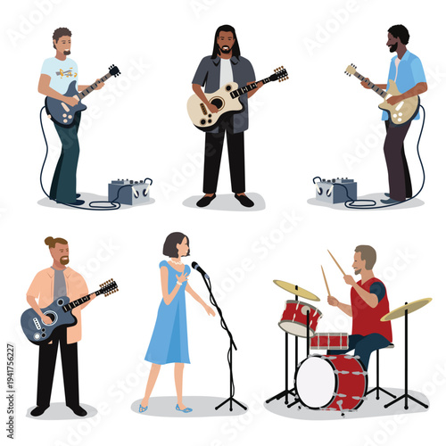 Set of musicians with instruments and soloists at a microphone. Creative people creating music. Hand-drawn vector illustration on a white background.