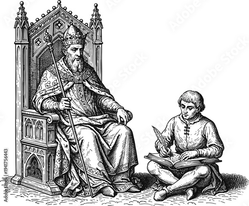Medieval king seated on ornate throne with crown and scepter, scholar writing royal decrees in gothic manuscript, historical illustration of authority and knowledge