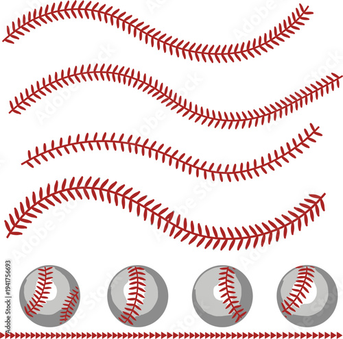 Baseball Stitches and Balls on White Background