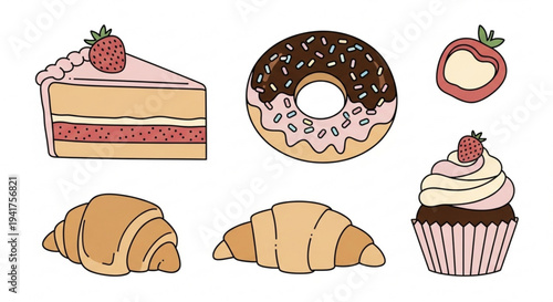 Assorted sweet baked goods and desserts with strawberries on top colorful pastries