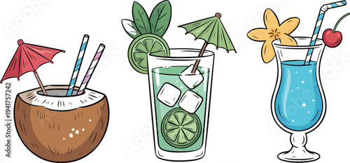 Summer cocktails vector set isolated on white background. refreshing tropical drinks in different glasses