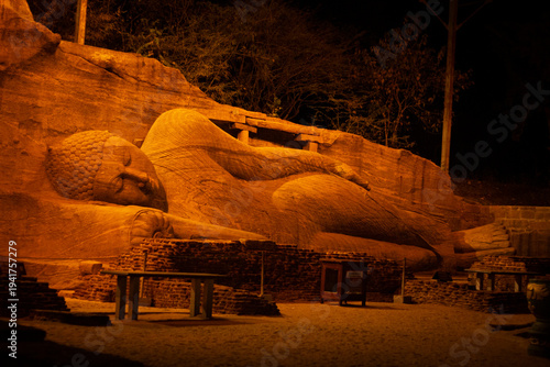 Fotografie Polonnaruwa Gal Vihara Buddhist Rock Temple at Night, Ancient Reclining Buddha S