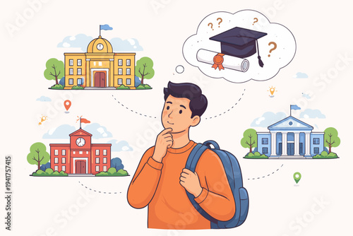 Young Student Thinking of Postgraduate Education and Deciding on a College or University, Flat Vector Illustration of a Man Planning His Academic Future with Graduation Cap and Diploma Icons.