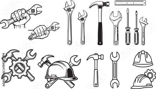 Construction and mechanical hand tools illustration set featuring wrench, hammer, screwdriver, ruler, gear and safety helmet line icons