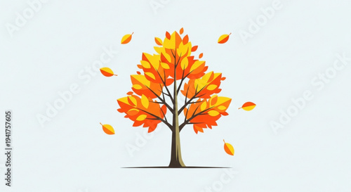 Vibrant autumn tree with colorful orange and yellow leaves falling against a light background